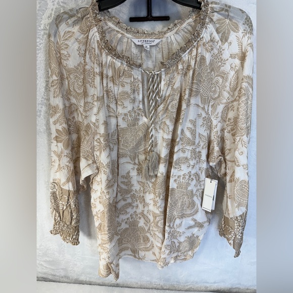 Liverpool Los Angeles 2X Beige White Floral Blouse 3/4 Sleeves Tassel Tie Neck - Picture 1 of 16